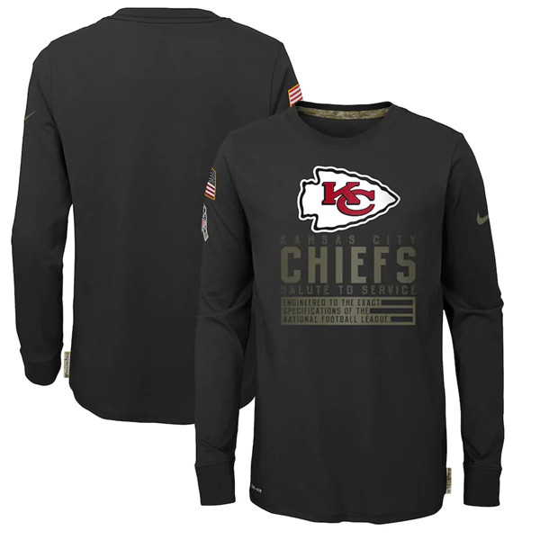 Youth Kansas City Chiefs Black NFL 2020 Salute To Service Sideline Performance Long Sleeve T-Shirt